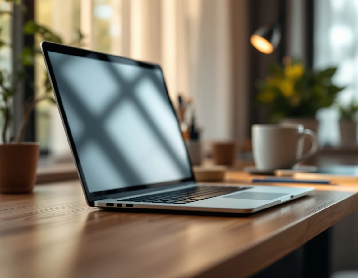 Laptop and workspace with natural lighting representing content creation environment