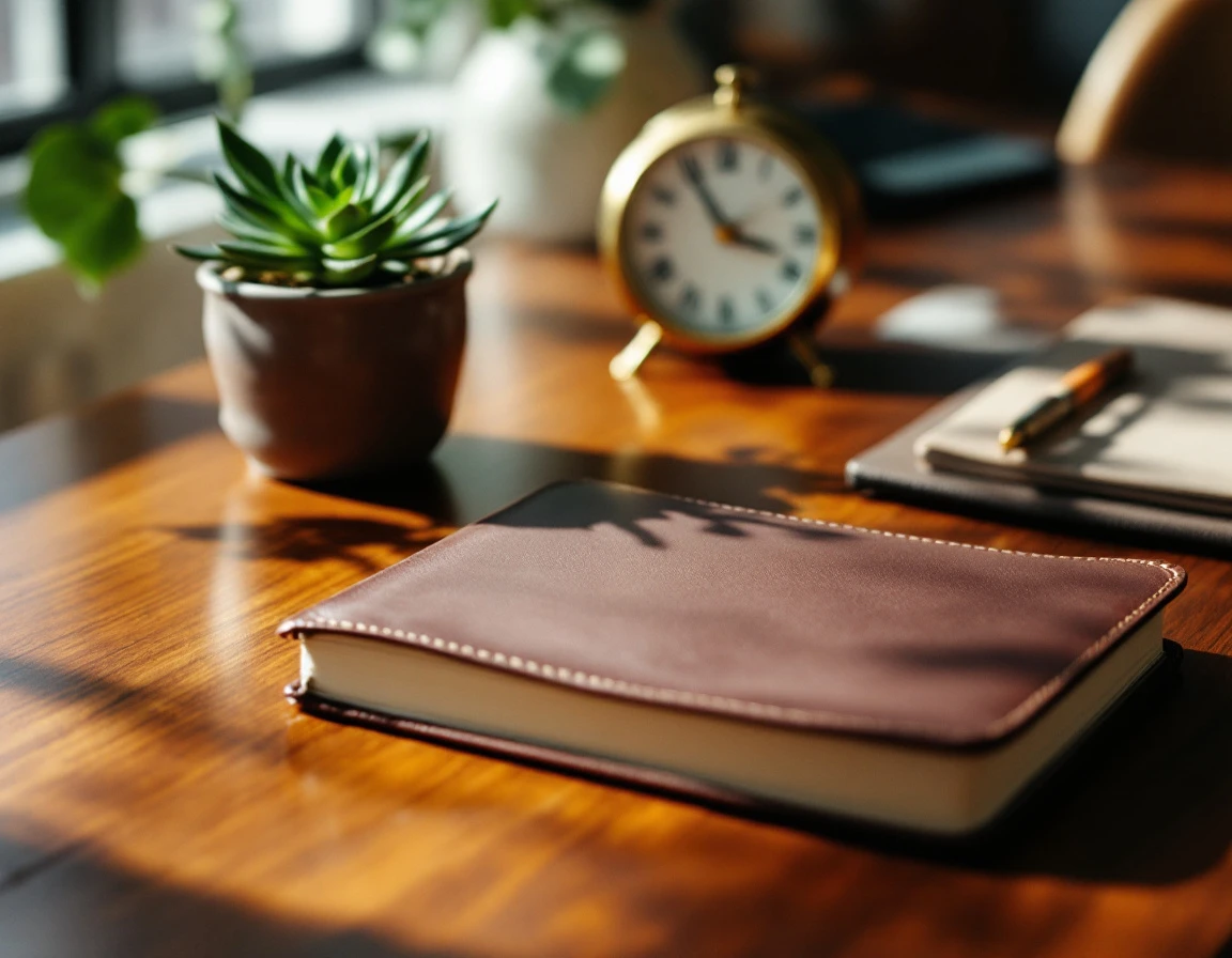Professional desk workspace with notebook, brass clocks, and succulent plant in natural window light