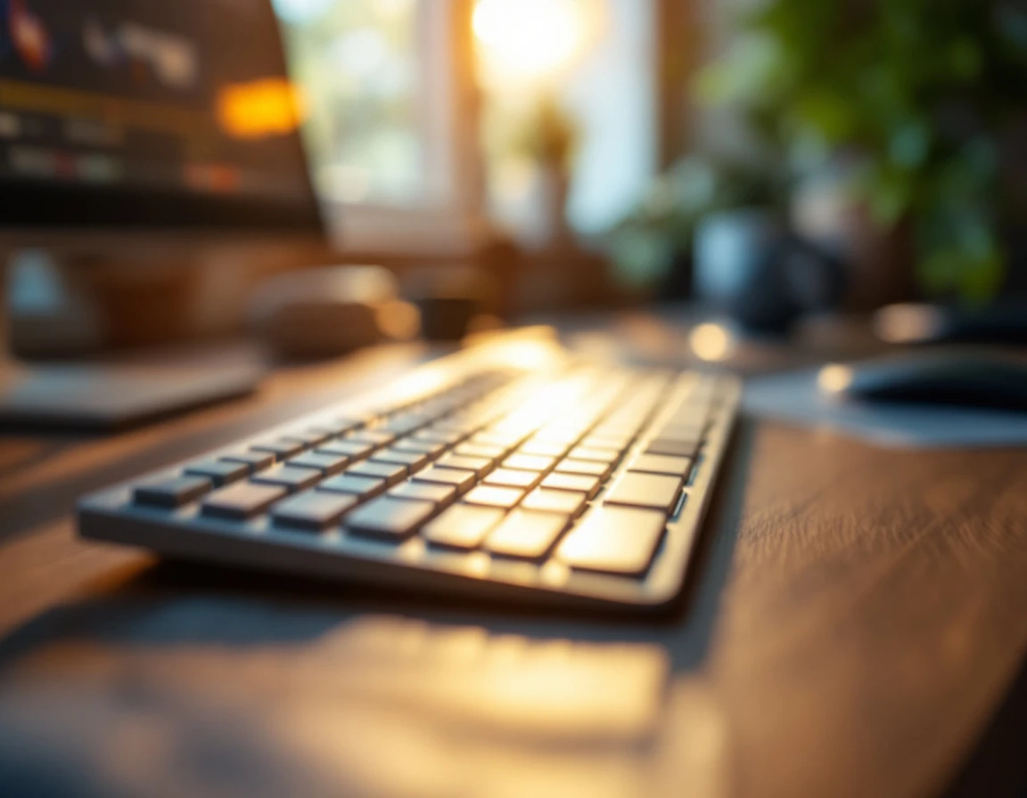 Workspace keyboard with natural lighting showing professional SEO environment