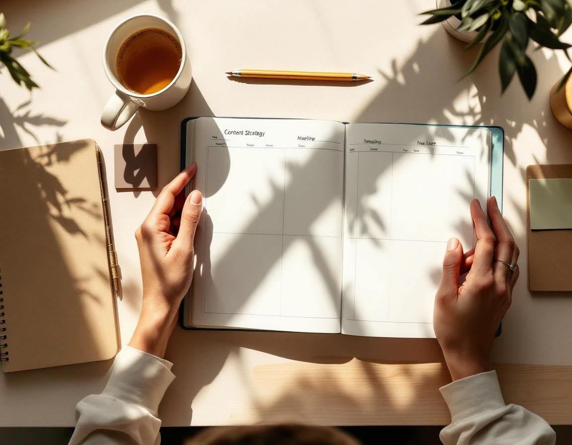 Hands planning content calendar in open planner with timeline sketches and sticky notes on desk