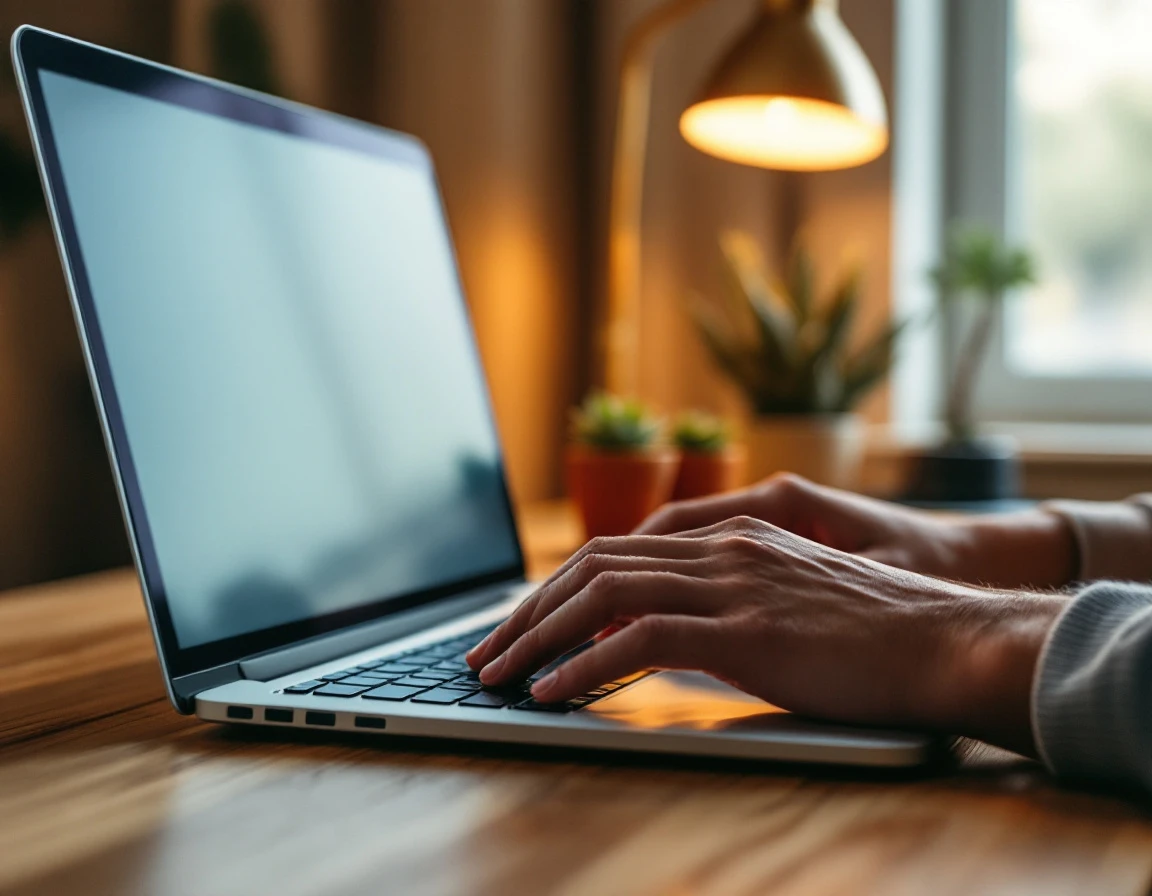 Developer hands typing on laptop with screen angled away, warm desk lamp lighting a wooden home office workspace