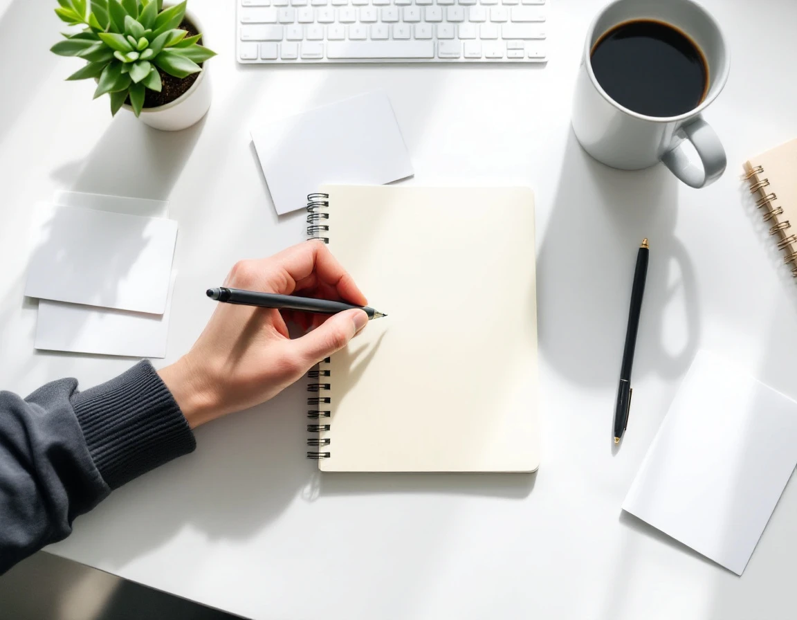 Overhead view of blank planning materials and coffee on minimalist desk workspace