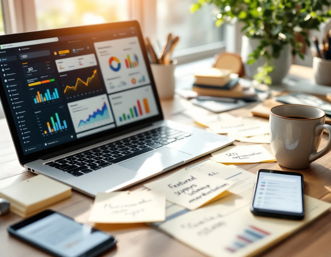 Workspace with laptop analytics, handwritten SEO notes, and strategic planning materials for content optimization