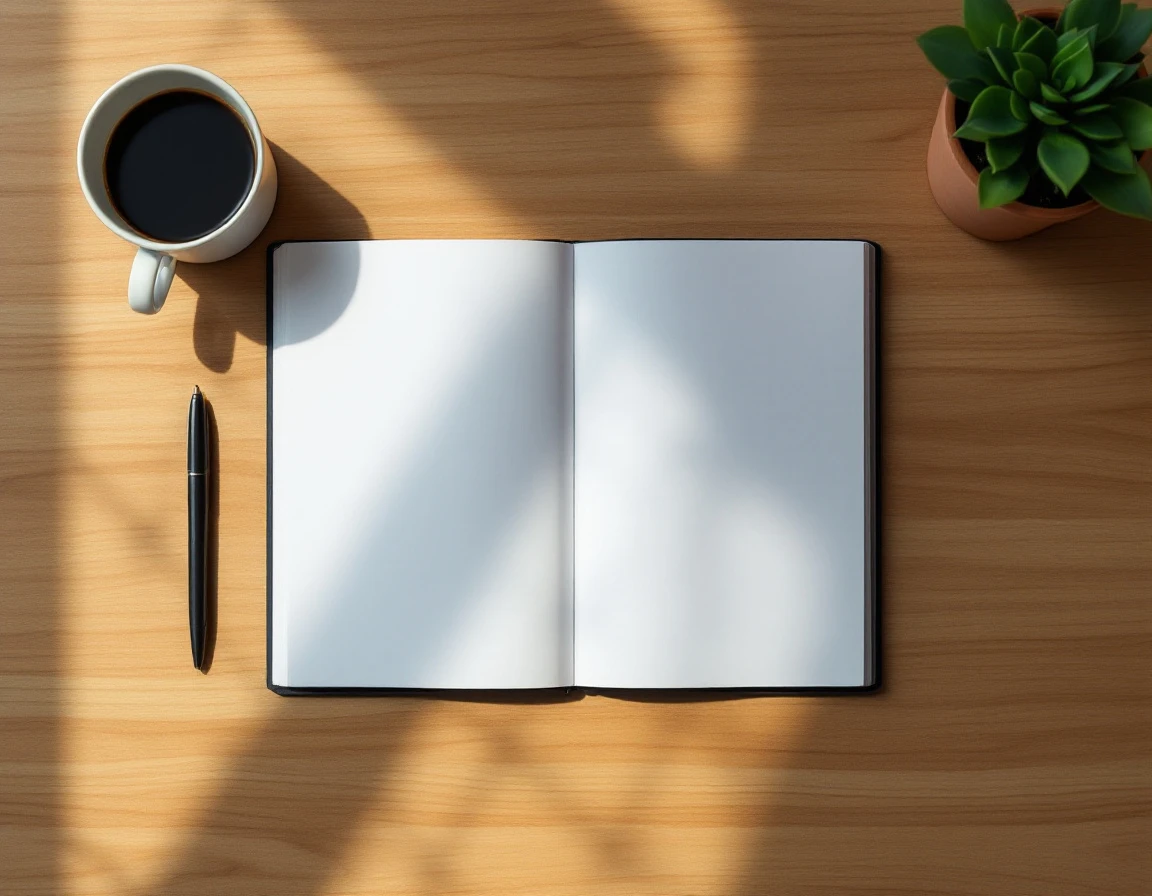 Overhead view of blank planner, coffee cup, and succulent arranged on wooden desk showing content planning workspace