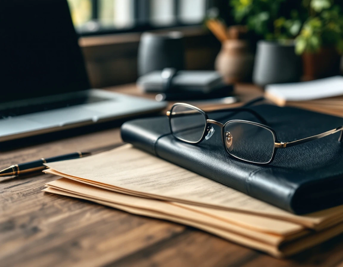 Reading glasses and pen on professional desk with closed folders and laptop in soft natural light