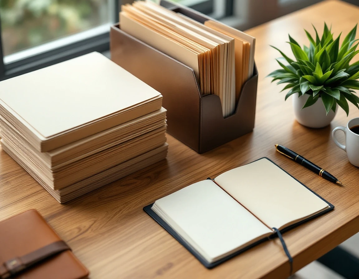 Organized desk workspace with stacked folders, storage boxes, and notebook showing meticulous documentation system
