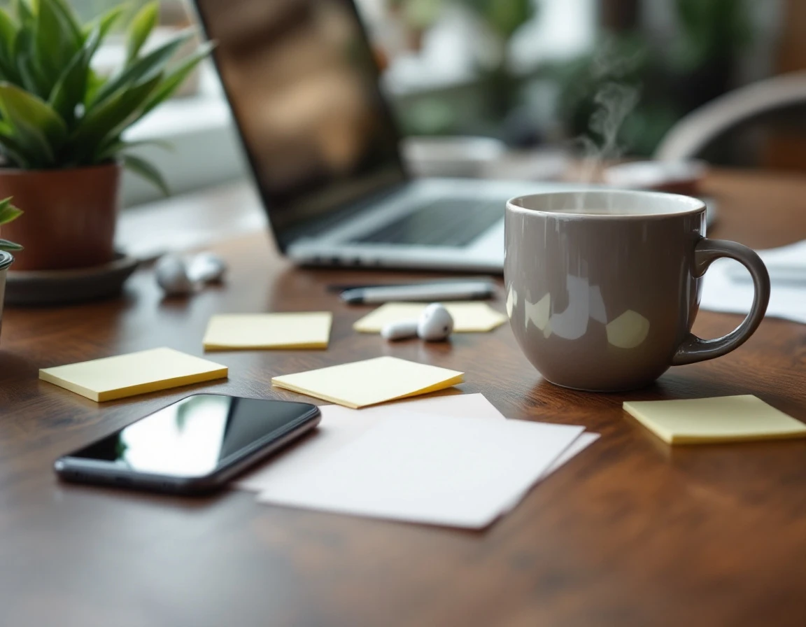 Professional workspace with smartphone, coffee, and blank notes on wooden desk for digital strategy planning