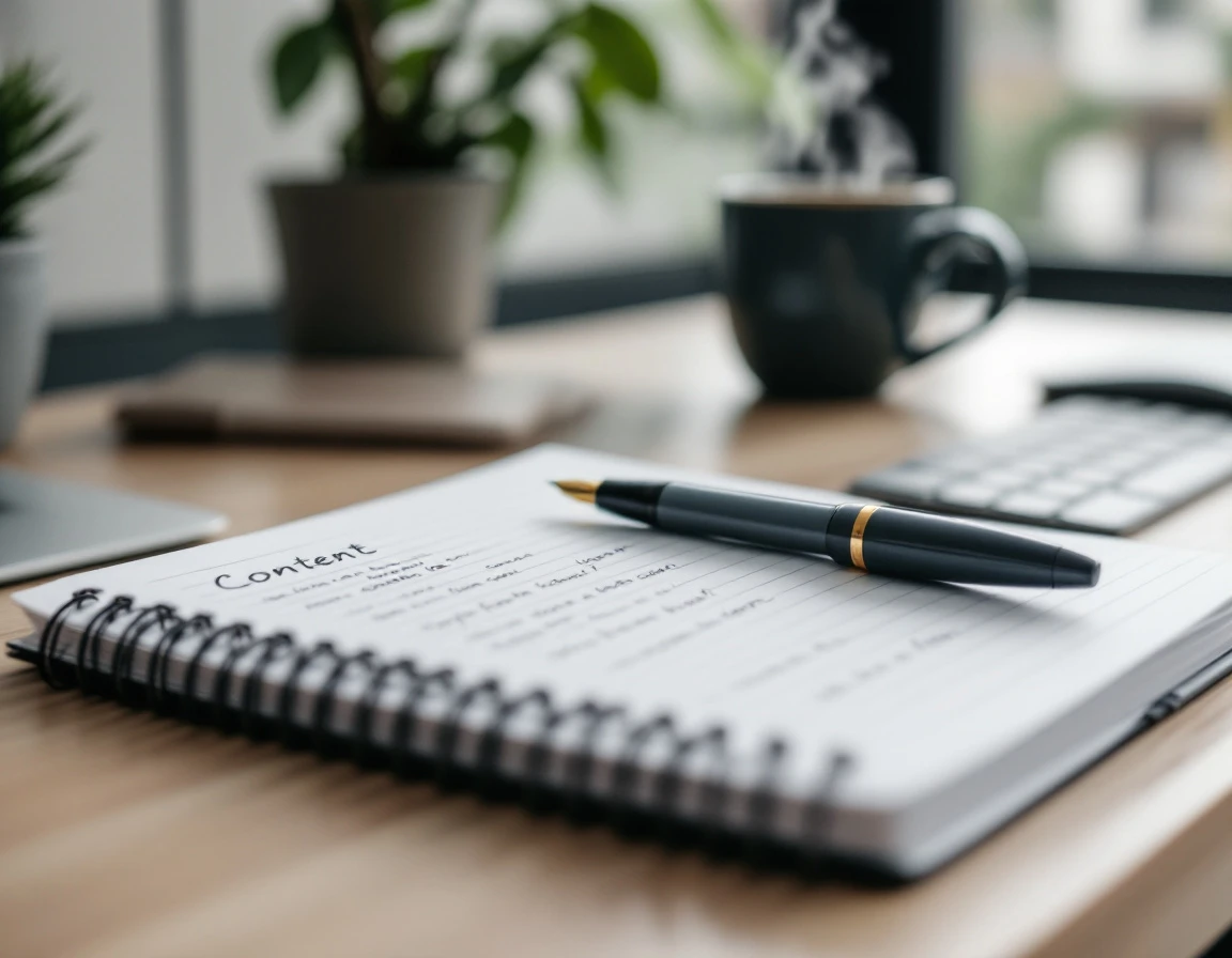 Writer's desk with notebook and coffee showing content creation workflow for search-optimized publishing