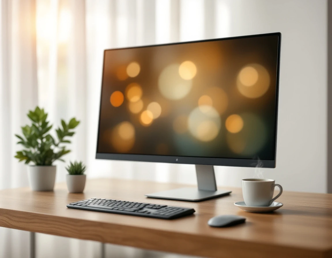 Professional workspace with monitor and coffee mug in natural morning light, screen content artistically blurred