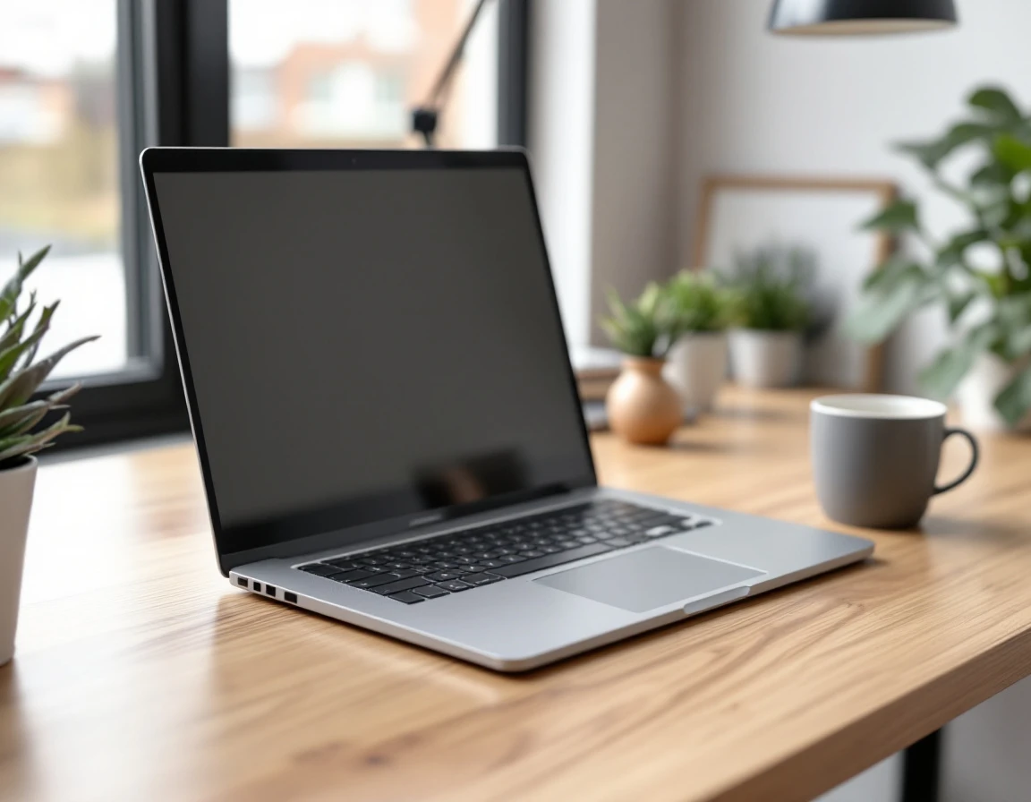 Clean minimalist desk setup with closed laptop and workspace essentials in natural light