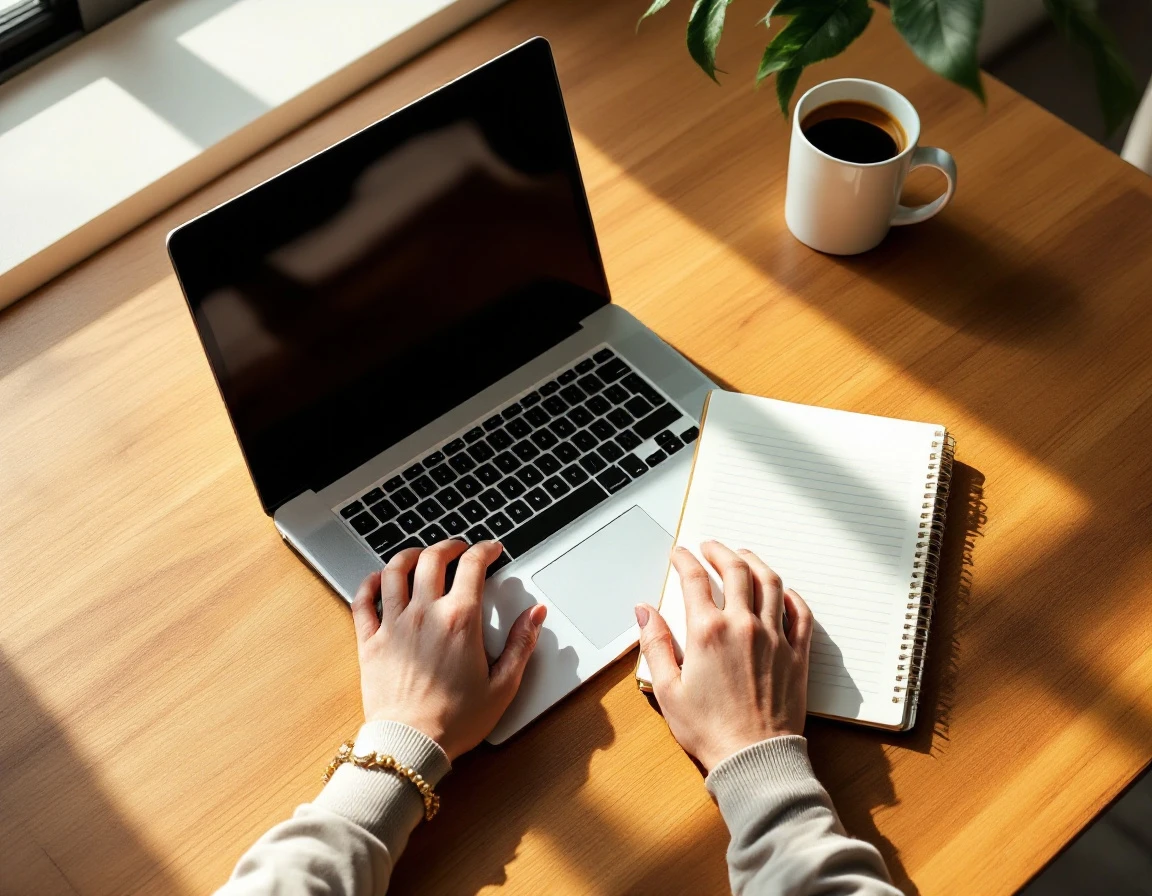 Minimalist workspace with closed laptop and notebook on wooden desk in natural light