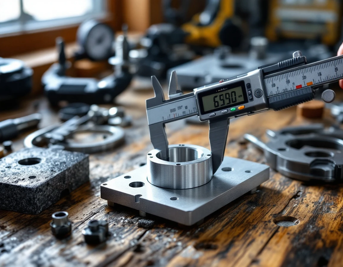 Precision calipers and measurement tools on an industrial quality control workbench with natural lighting