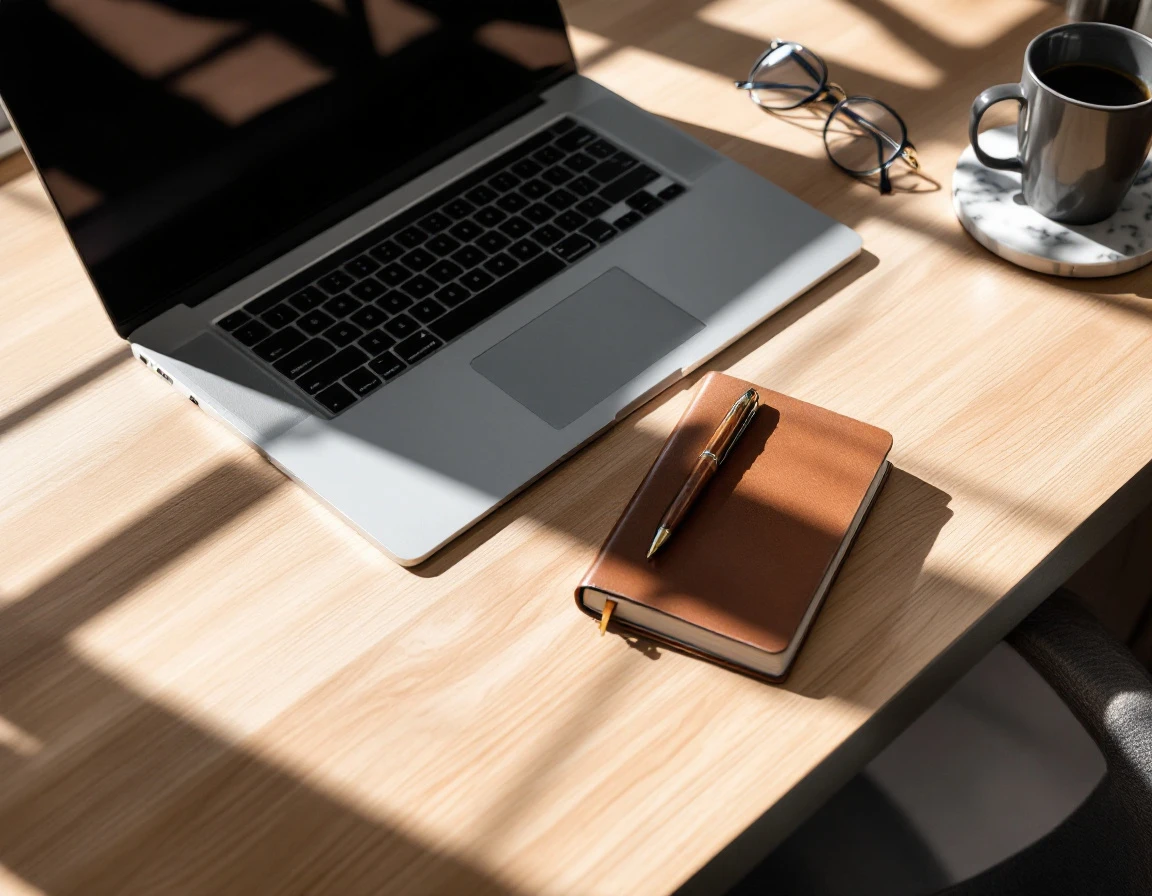 Professional desk workspace with laptop, journal, and coffee in natural office lighting