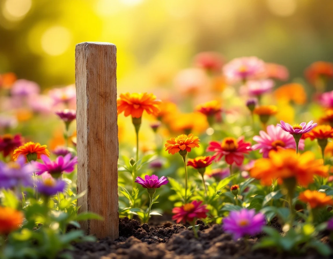 Weathered garden marker among blooming summer flowers in golden afternoon light