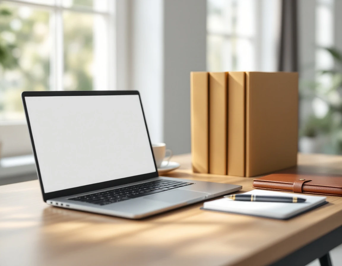 Organized professional workspace with compliance documents and laptop on wooden desk