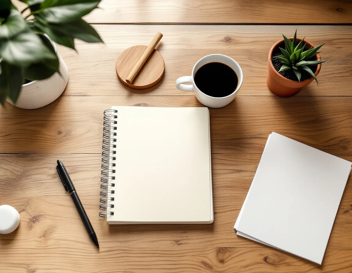 Clean wooden desk workspace with blank notebook, coffee mug, and office supplies arranged for strategic planning