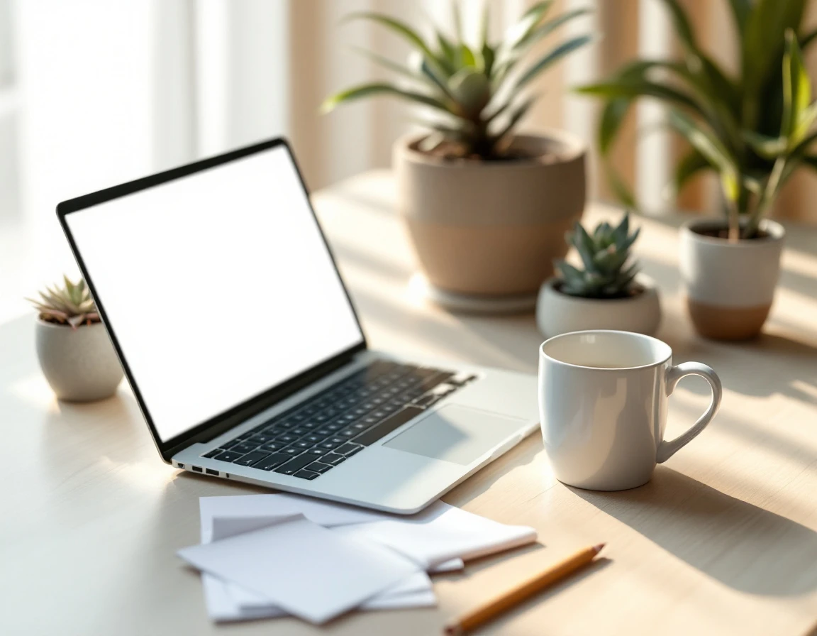 Minimalist workspace with laptop, coffee, and plants showing productive summer planning environment