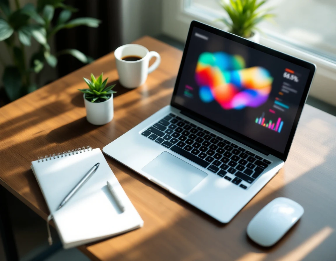 Modern workspace with laptop showing abstract analytics visualization, notebook, and coffee on wooden desk