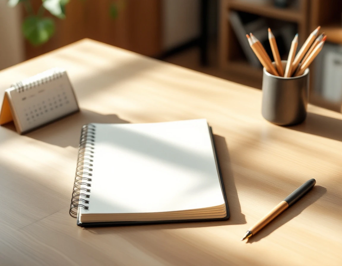 Clean wooden desk workspace with blank notebook, coffee mug, and planning tools for content calendar organization