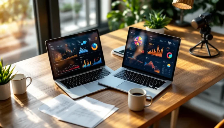 Dual laptop workspace setup with natural lighting showing professional SEO optimization environment