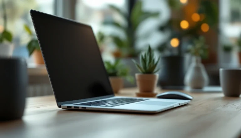 Clean modern workspace with laptop and minimal desk accessories in natural window light