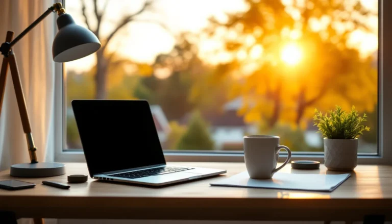 Modern home office workspace with natural lighting and minimalist desk setup during golden hour