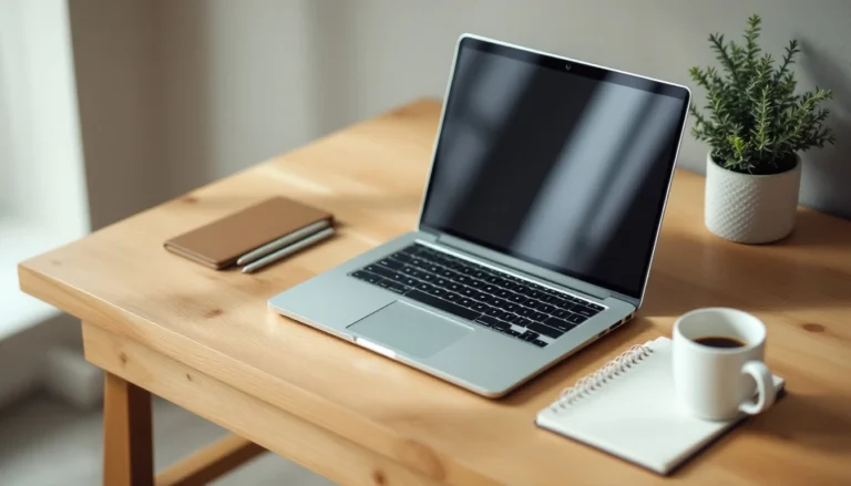 Clean workspace with laptop and plant showing digital marketing research setup