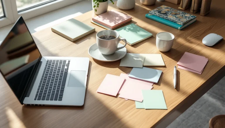Organized workspace with laptop, coffee, and blank planning materials on wooden desk in natural morning light