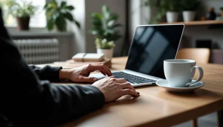 Professional workspace with laptop angled away from camera, hands resting beside coffee and notebook
