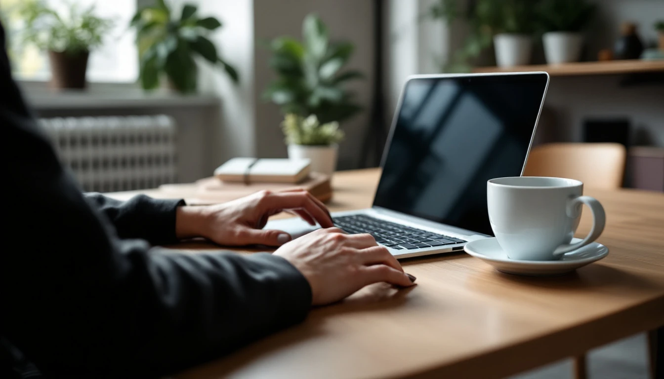 Professional workspace with laptop angled away from camera, hands resting beside coffee and notebook