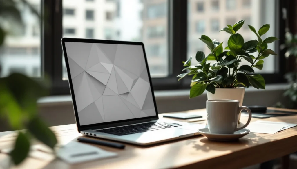 Modern laptop workspace with natural lighting, coffee mug, and plant on wooden desk