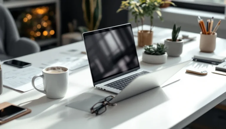 Modern desk workspace with closed laptop, coffee, and minimal office accessories in natural window light