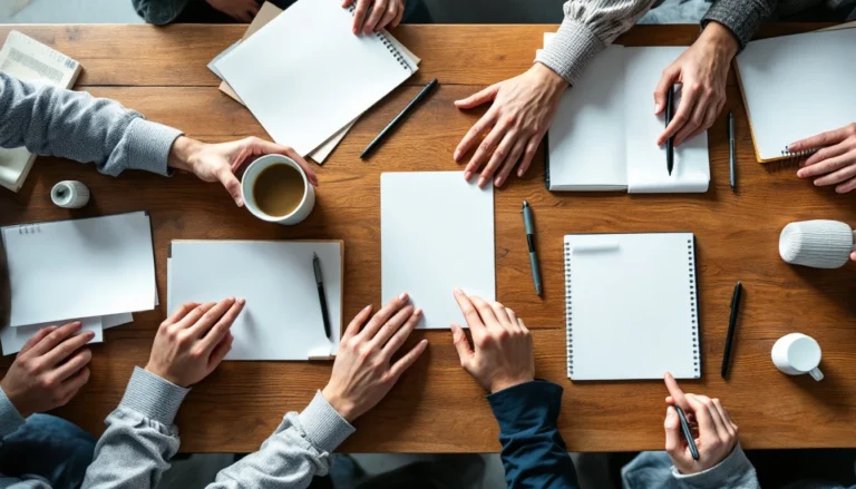 Overhead view of collaborative business meeting with blank notebooks and coffee cups on wooden table