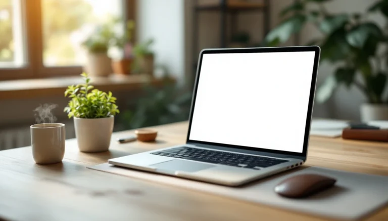 Minimalist workspace with laptop and coffee showing modern professional content creation environment
