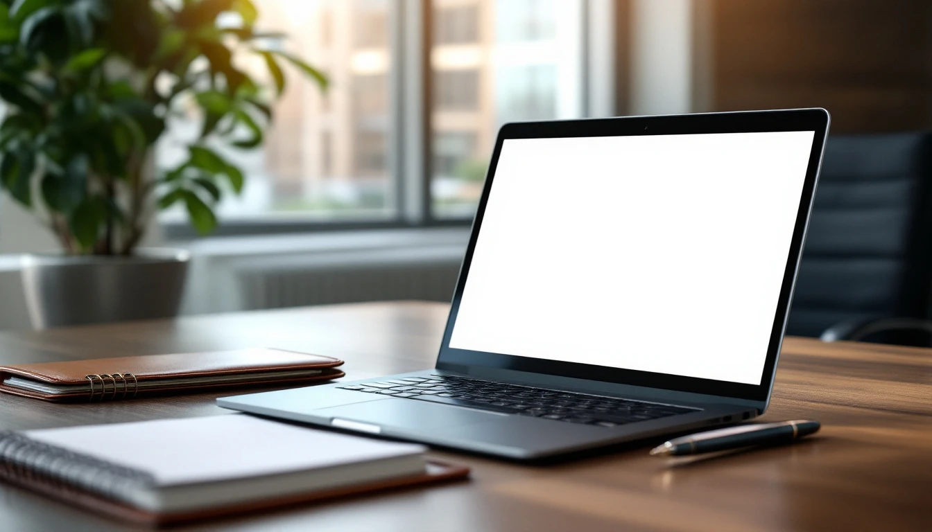 Professional financial advisor's desk with laptop, leather portfolio, and notepad in modern office