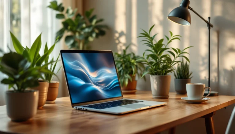 Modern workspace with laptop and plants on wooden desk in natural window light