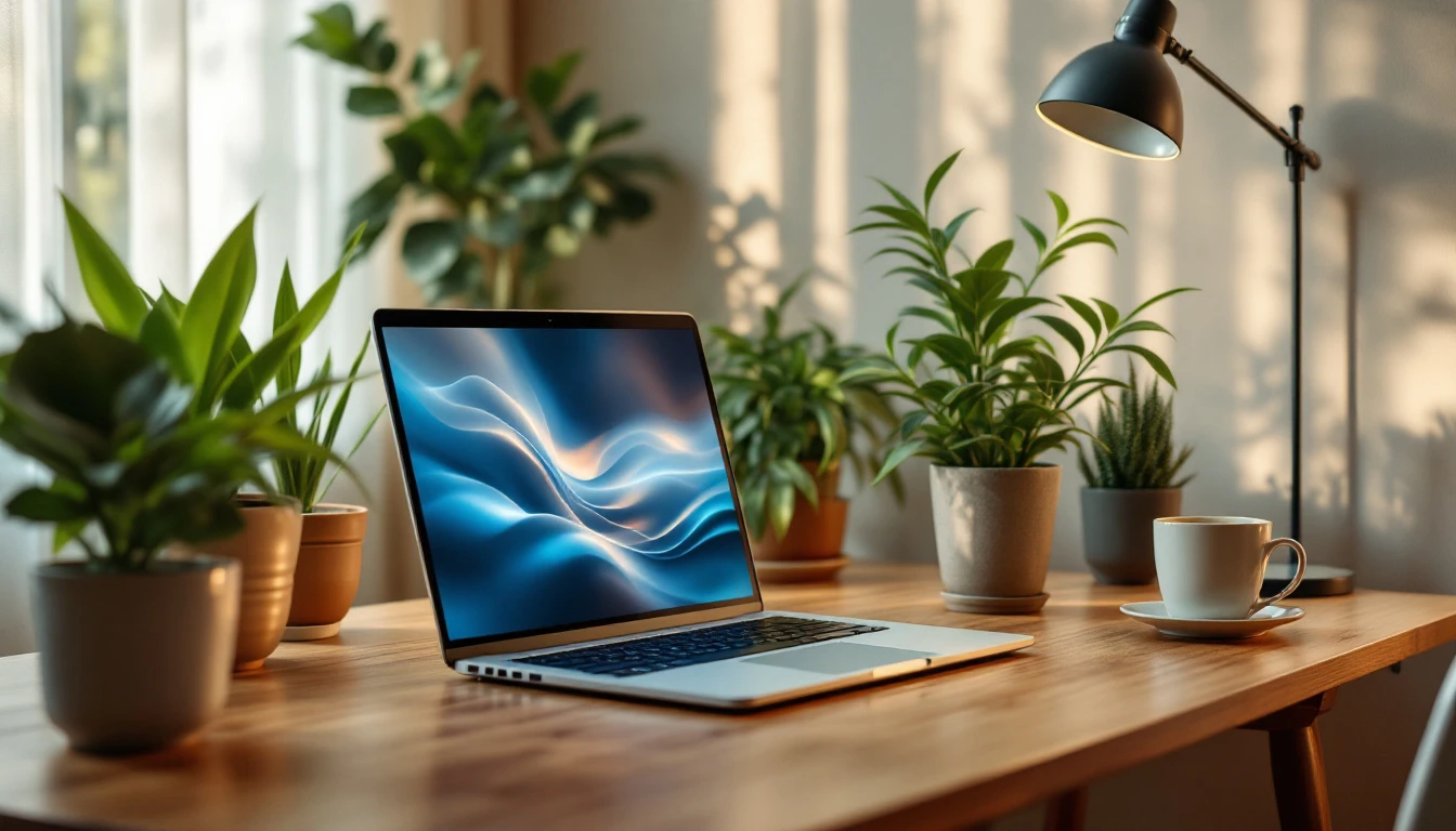 Modern workspace with laptop and plants on wooden desk in natural window light