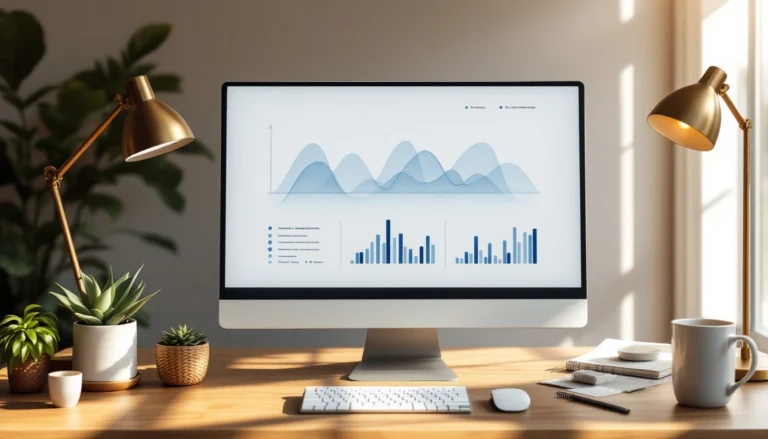 Computer monitor displaying abstract analytics data visualization on a wooden desk with natural office lighting