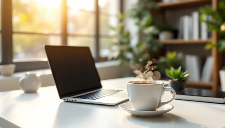 Laptop and coffee on minimalist desk with morning sunlight creating warm workspace atmosphere