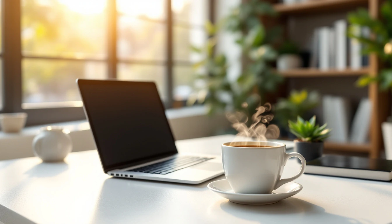 Laptop and coffee on minimalist desk with morning sunlight creating warm workspace atmosphere