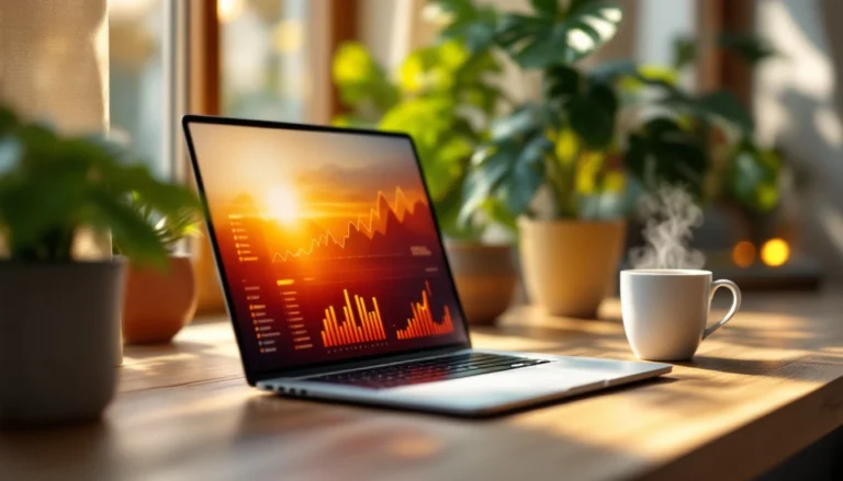 Laptop displaying blurred analytics dashboard on wooden desk with morning light and coffee