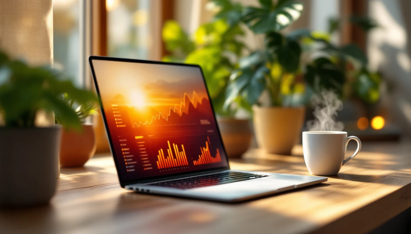 Laptop displaying blurred analytics dashboard on wooden desk with morning light and coffee