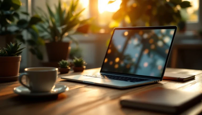 Modern home office workspace with laptop and coffee cup bathed in golden hour sunlight through window