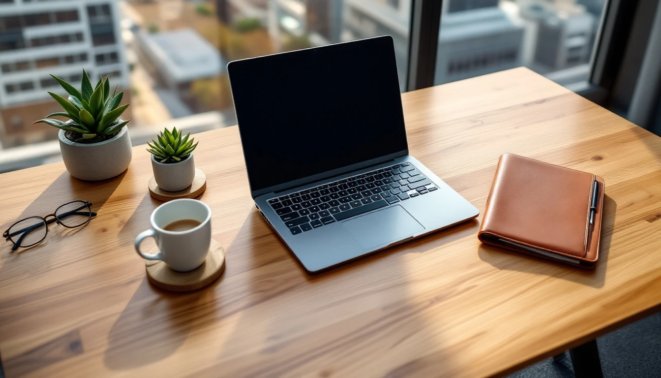 Professional office desk with closed laptop, portfolio, and coffee setup near downtown windows