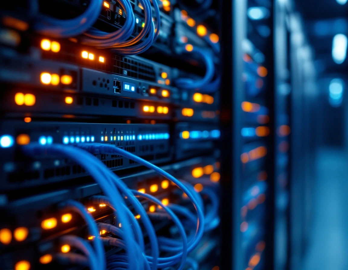 Server rack with illuminated fiber optic cables showing layered network infrastructure architecture