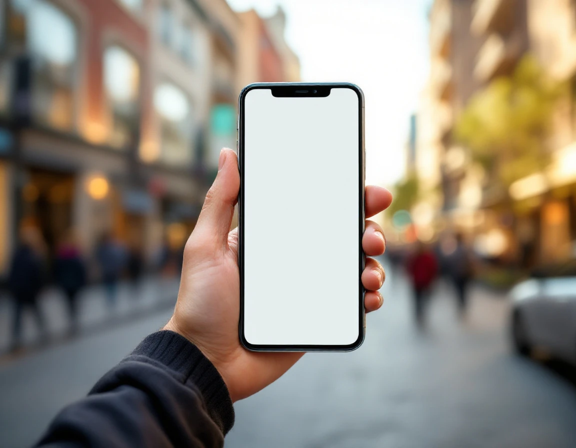 Hand holding smartphone with blank screen on urban commercial street during golden hour lighting