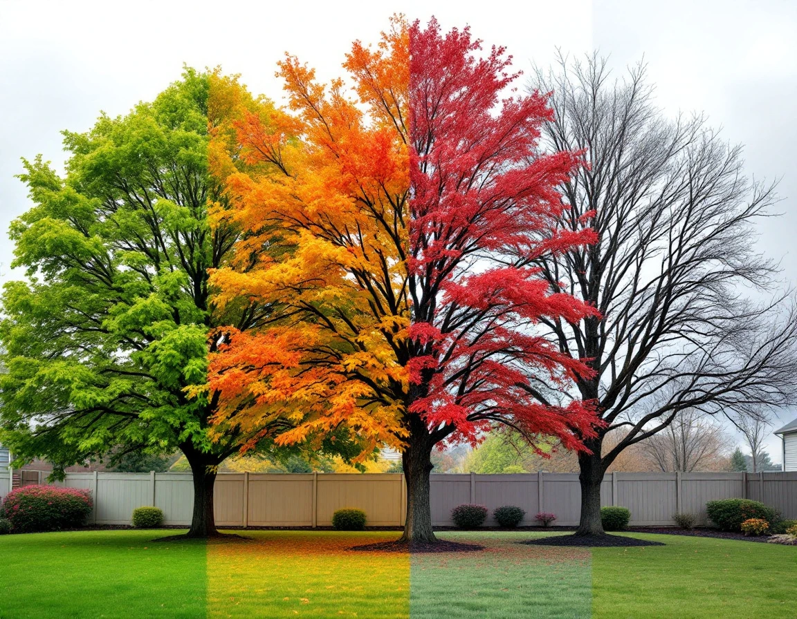 Oak tree displaying all four seasons from spring bloom through winter dormancy in residential yard