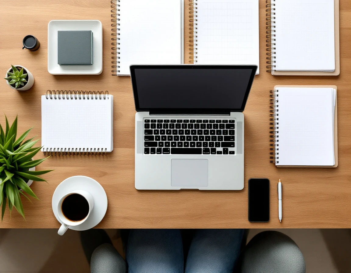 Organized content marketing workspace with laptop, coffee, notebook, and planning materials on wooden desk