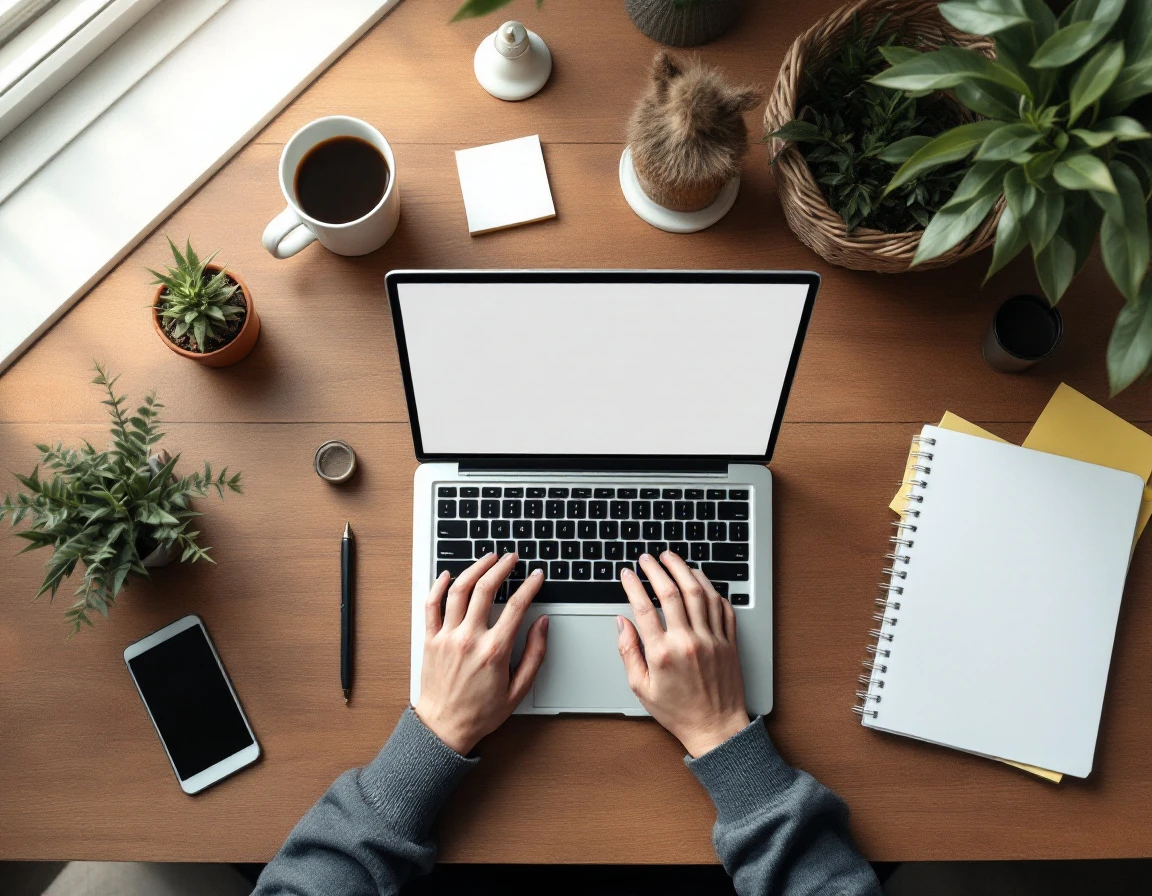 Hands typing on laptop at organized workspace desk with coffee and notebook for SEO content optimization