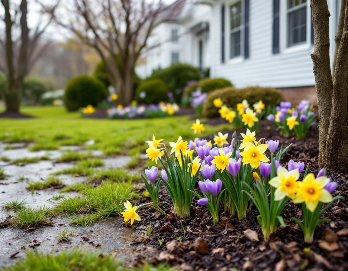 Spring lawn with emerging grass growth, blooming daffodils and crocuses beside residential home